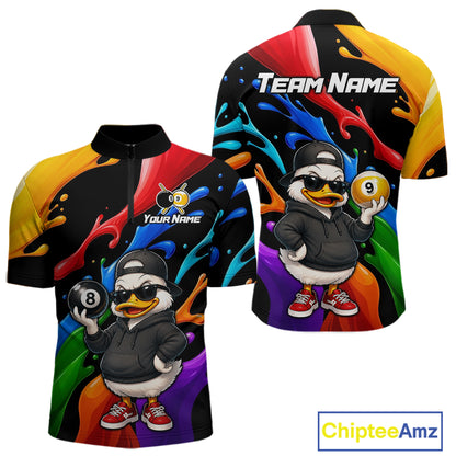Custom short-sleeve collared athletic jersey shown from the front and back, featuring a colorful rainbow paint-splatter design, a cartoon duck wearing a black hoodie and sunglasses, and customizable text areas including 'Team Name' and 'Your Name'.
