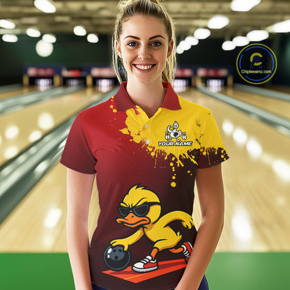 Custom Funny Duck Bowling Shirt for Women Red & Yellow Bowling Jersey Polo & 1/4 Zip QZT791