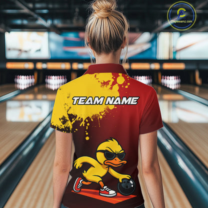 Custom Funny Duck Bowling Shirt for Women Red & Yellow Bowling Jersey Polo & 1/4 Zip QZT791