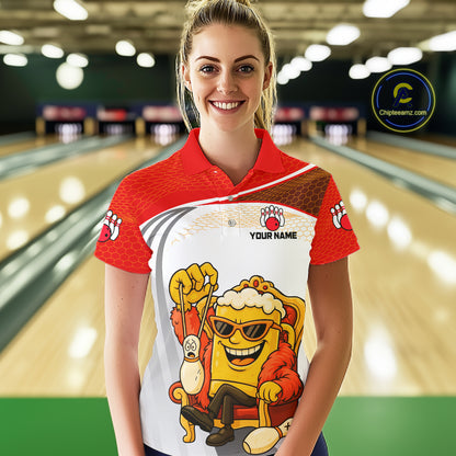 Custom Funny Red Beer Polo Bowling Team Shirt for Women Quarter-Zip Bowling Jersey Outfit QZT820
