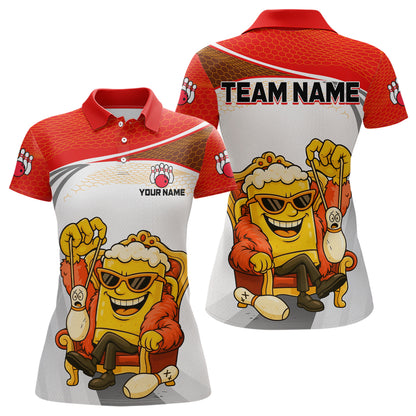 Custom Funny Red Beer Polo Bowling Team Shirt for Women Quarter-Zip Bowling Jersey Outfit QZT820