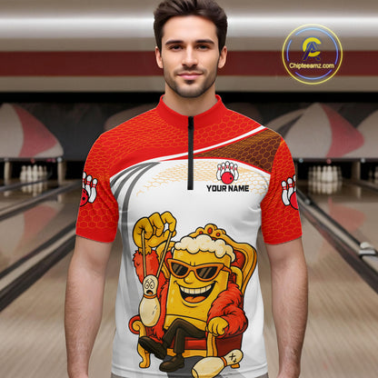 Custom Funny Red Beer Polo Bowling Team Shirt for Men Quarter-Zip Bowling Jersey Outfit QZT820