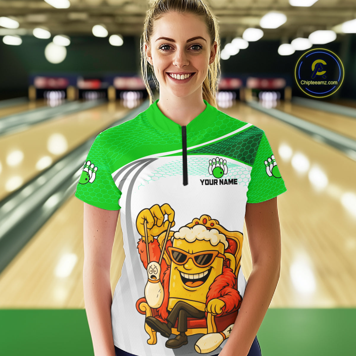 Custom Funny Green Beer Polo Bowling Team Shirt for Women Quarter-Zip Bowling Jersey Outfit QZT820