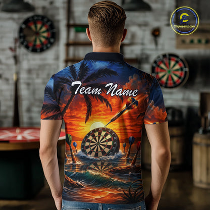 Custom Dart Team Shirts for Men Polo & 1/4 Zip Dart Jersey Sunset Tropical Design Dartboard Shirt DHT30