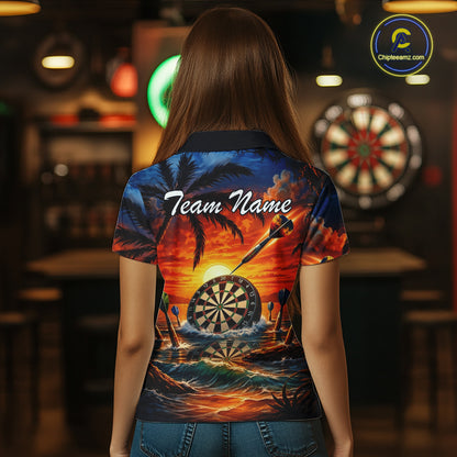 Custom Dart Team Shirts for Women Polo & 1/4 Zip Dart Jersey Sunset Tropical Design Dartboard Shirt DHT30
