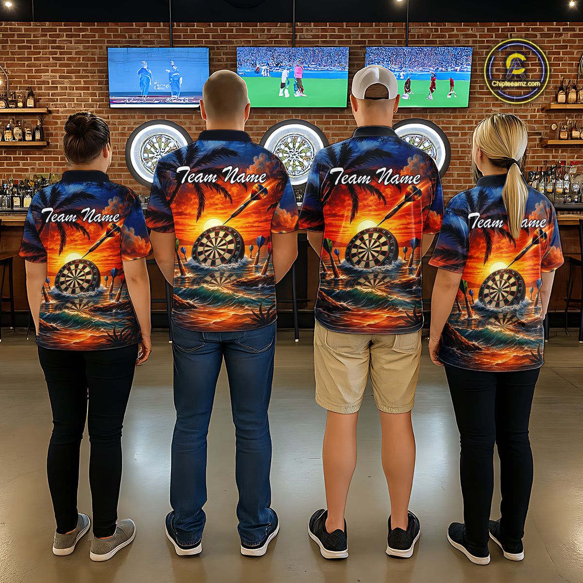 Custom Dart Team Shirts for Men Polo & 1/4 Zip Dart Jersey Sunset Tropical Design Dartboard Shirt DHT30
