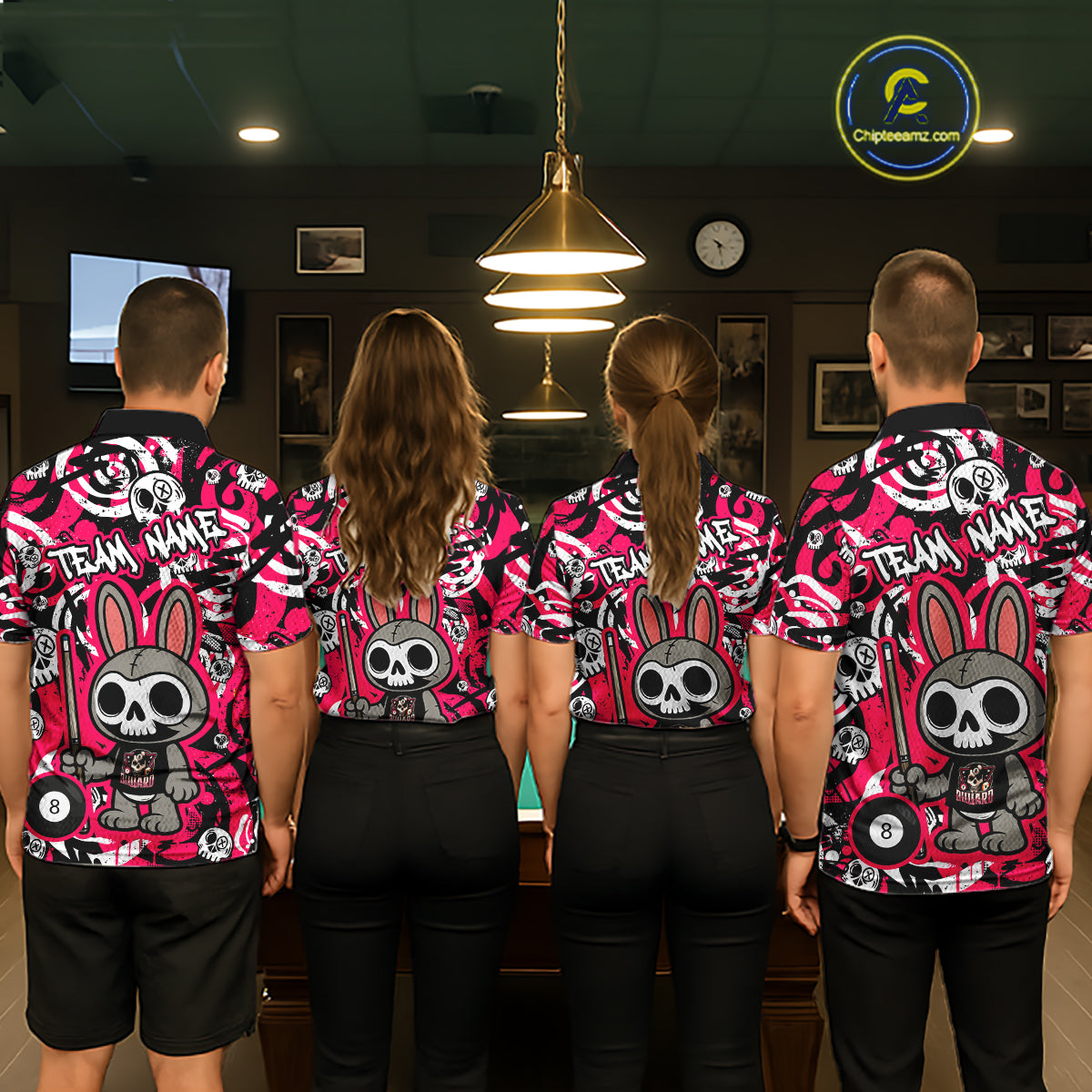 Custom Pink Skull Bunny Billiard Shirt for Women Gothic Billiard Team Jersey Polo & Quarter-Zip BHT30