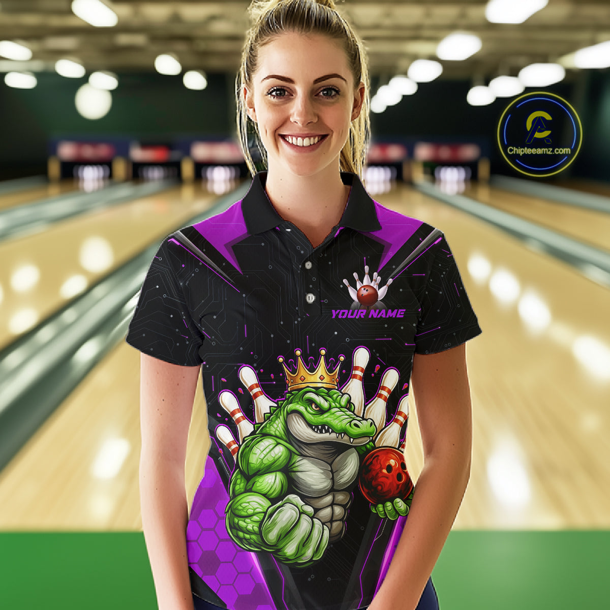 Custom Funny Purple Crocodile Bowling Shirt Alligator Bowling Jersey for Women Polo & 1/4 Zip QZT823