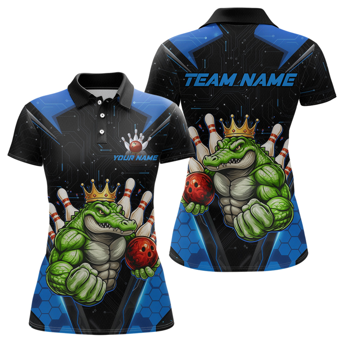 Custom Funny Blue Crocodile Bowling Shirt Alligator Bowling Jersey for Women Polo & 1/4 Zip QZT823