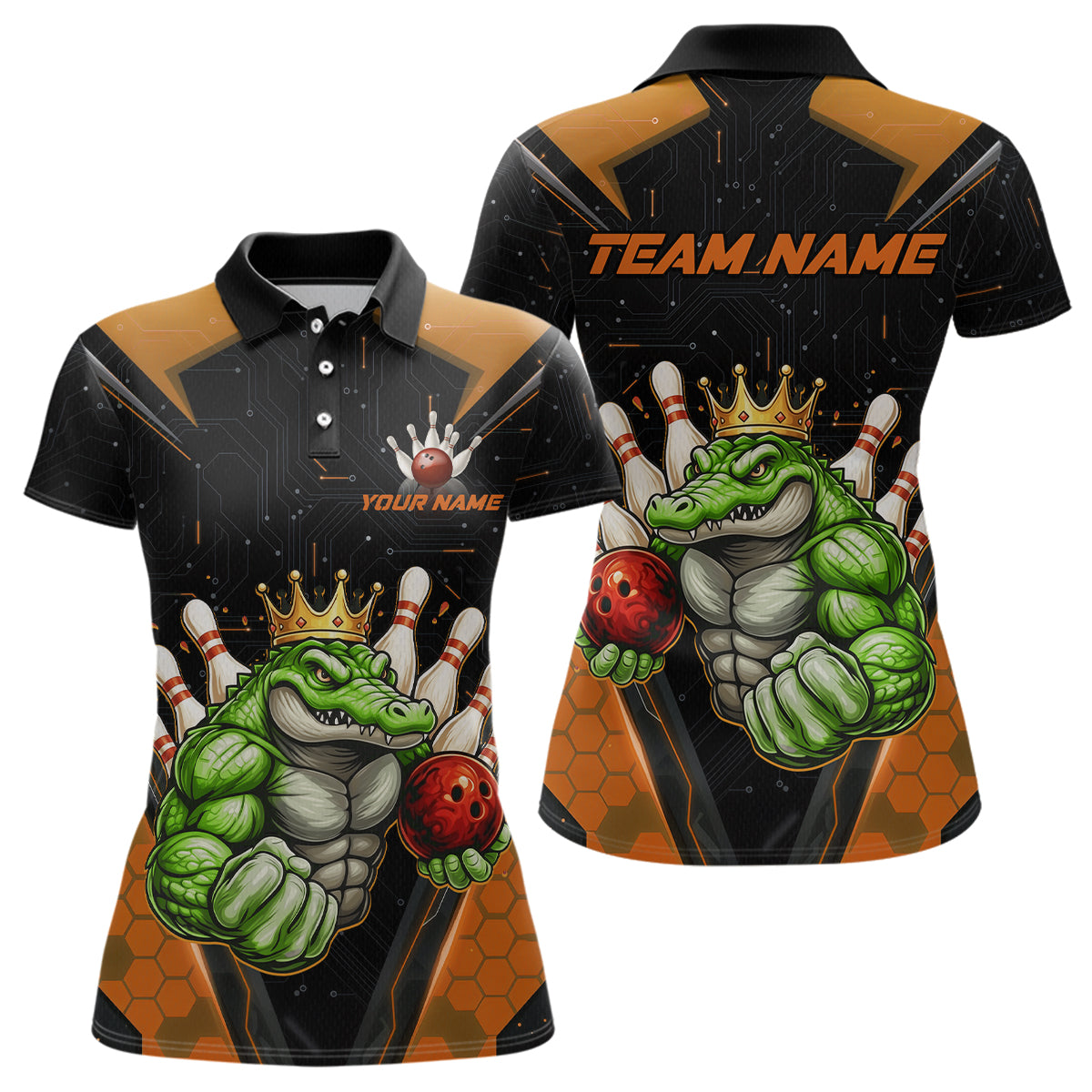 Custom Funny Orange Crocodile Bowling Shirt Alligator Bowling Jersey for Women Polo & 1/4 Zip QZT823