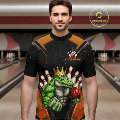 Custom Funny Orange Crocodile Bowling Shirt Alligator Bowling Jersey for Men Polo & 1/4 Zip QZT823