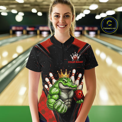 Custom Funny Red Crocodile Bowling Shirt Alligator Bowling Jersey for Women Polo & 1/4 Zip QZT823