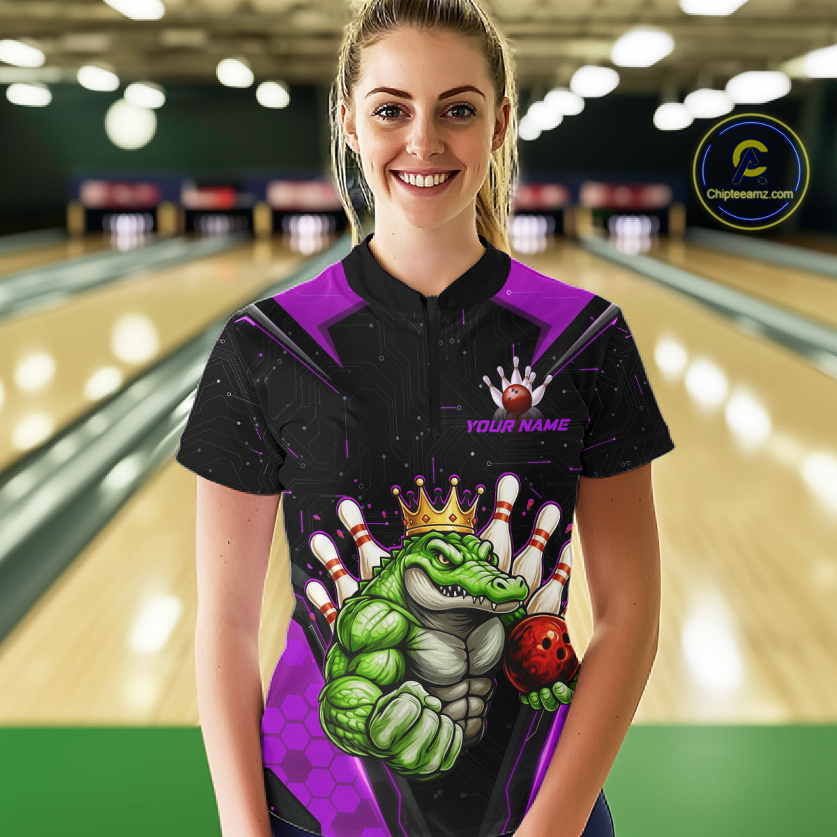 Custom Funny Purple Crocodile Bowling Shirt Alligator Bowling Jersey for Women Polo & 1/4 Zip QZT823