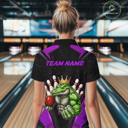 Custom Funny Purple Crocodile Bowling Shirt Alligator Bowling Jersey for Women Polo & 1/4 Zip QZT823