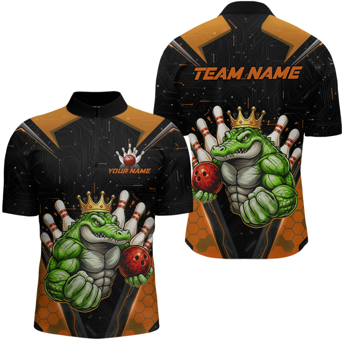 Custom Funny Orange Crocodile Bowling Shirt Alligator Bowling Jersey for Men Polo & 1/4 Zip QZT823