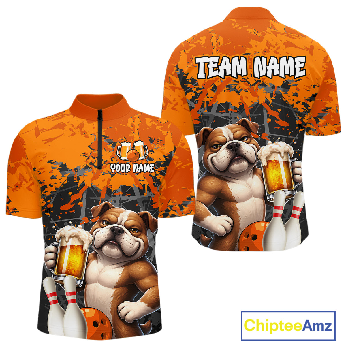 Orange Bull Dog & Beer Bowling Shirt for Men Custom Bowling Team Jersey Bowling Outfit QZT998