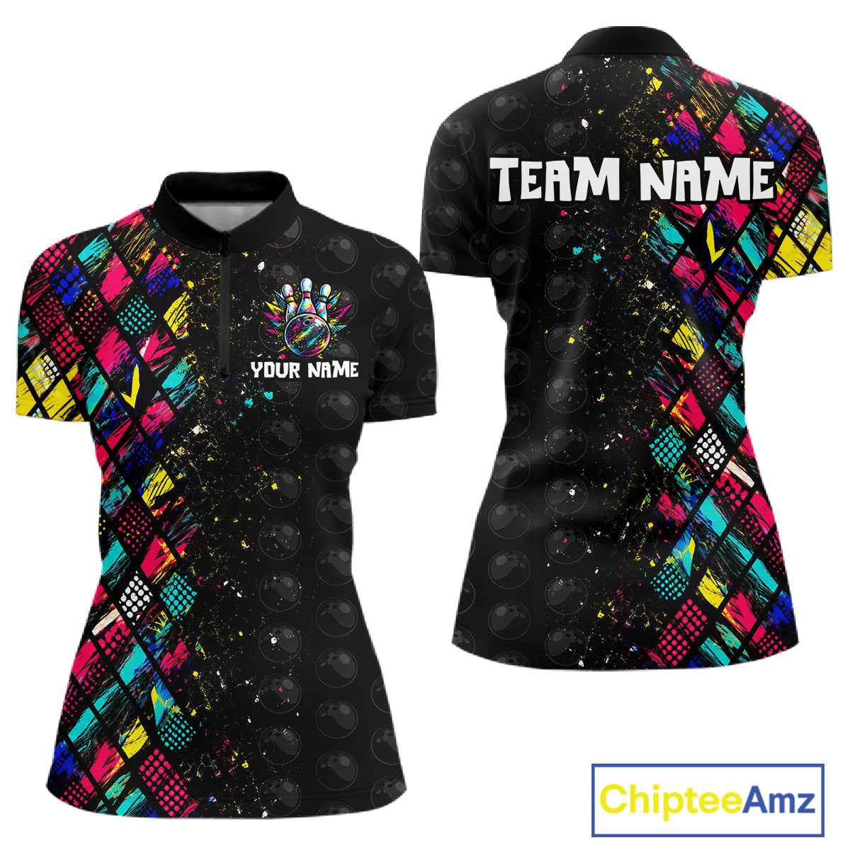 Colorful polo shirts with customizable text on a white background, featuring the brand 'Chiptee Amz'.