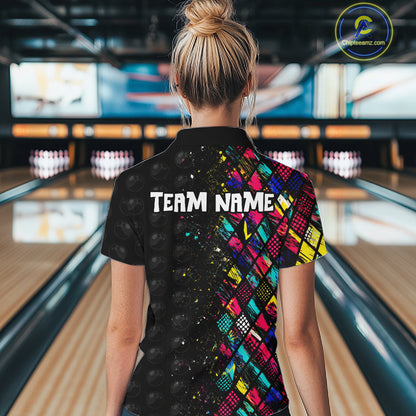 Person wearing a colorful bowling shirt with 'TEAM NAME' text in a bowling alley.
