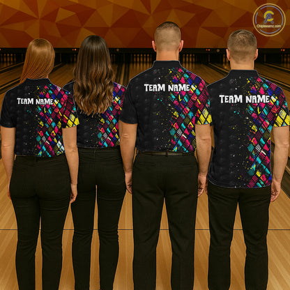 Four people wearing matching bowling shirts with colorful patterns and 'Team Name' text on a bowling alley.