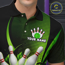 Load image into Gallery viewer, Green and black bowling shirt with a design and space for text, worn by a person.