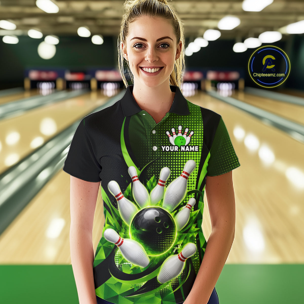 Person wearing a custom bowling shirt with a design and text in a bowling alley.