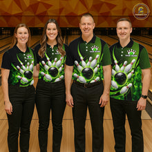 Load image into Gallery viewer, Four people wearing matching green bowling shirts in a bowling alley.