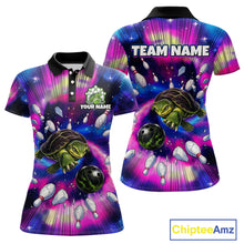 Load image into Gallery viewer, Colorful bowling-themed polo shirts with turtles and bowling pins, featuring customizable text and Chiptee Amz branding.