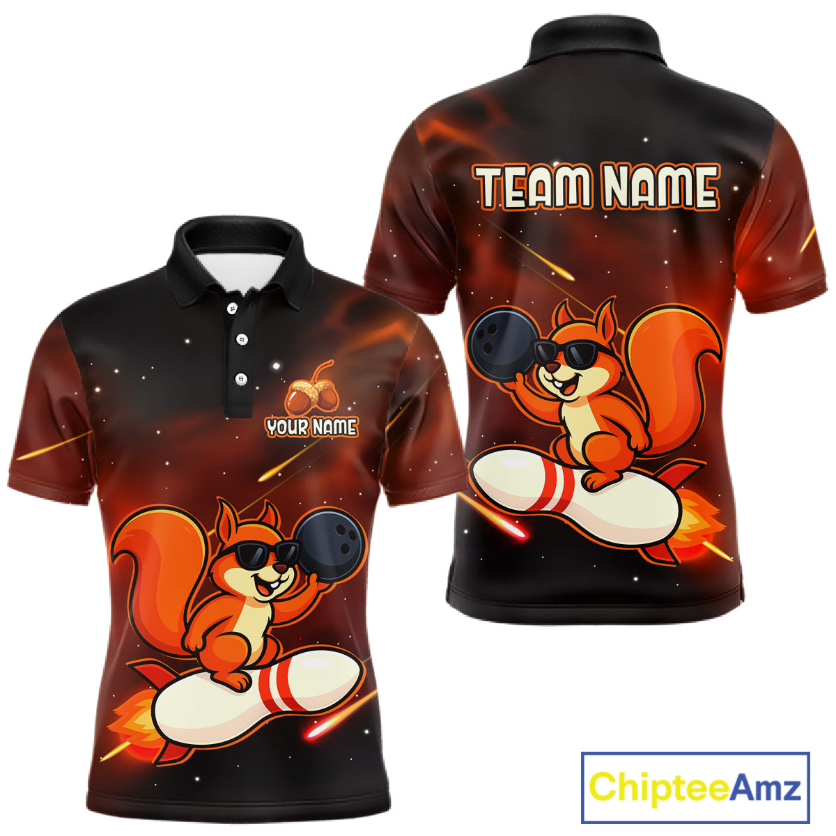 Orange & Black Funny Squirrel Bowling Shirt for Men Bowling League Jersey Polo & Quarter-Zip QZT879