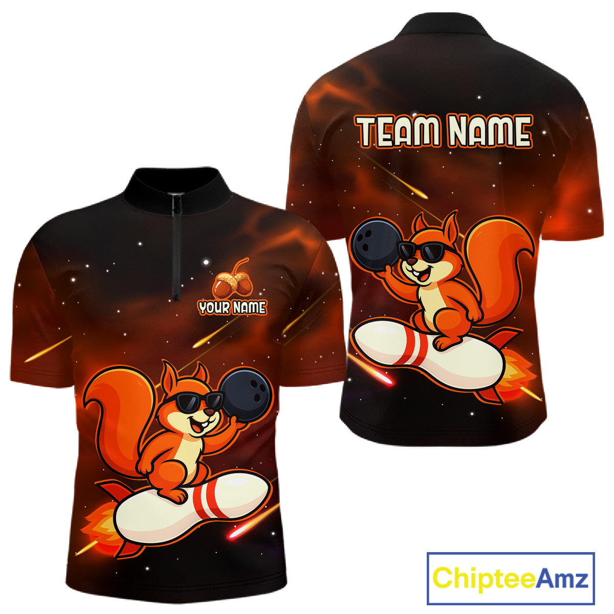 Orange & Black Funny Squirrel Bowling Shirt for Men Bowling League Jersey Polo & Quarter-Zip QZT879
