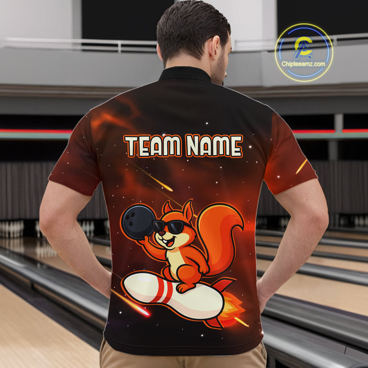 Orange & Black Funny Squirrel Bowling Shirt for Men Bowling League Jersey Polo & Quarter-Zip QZT879