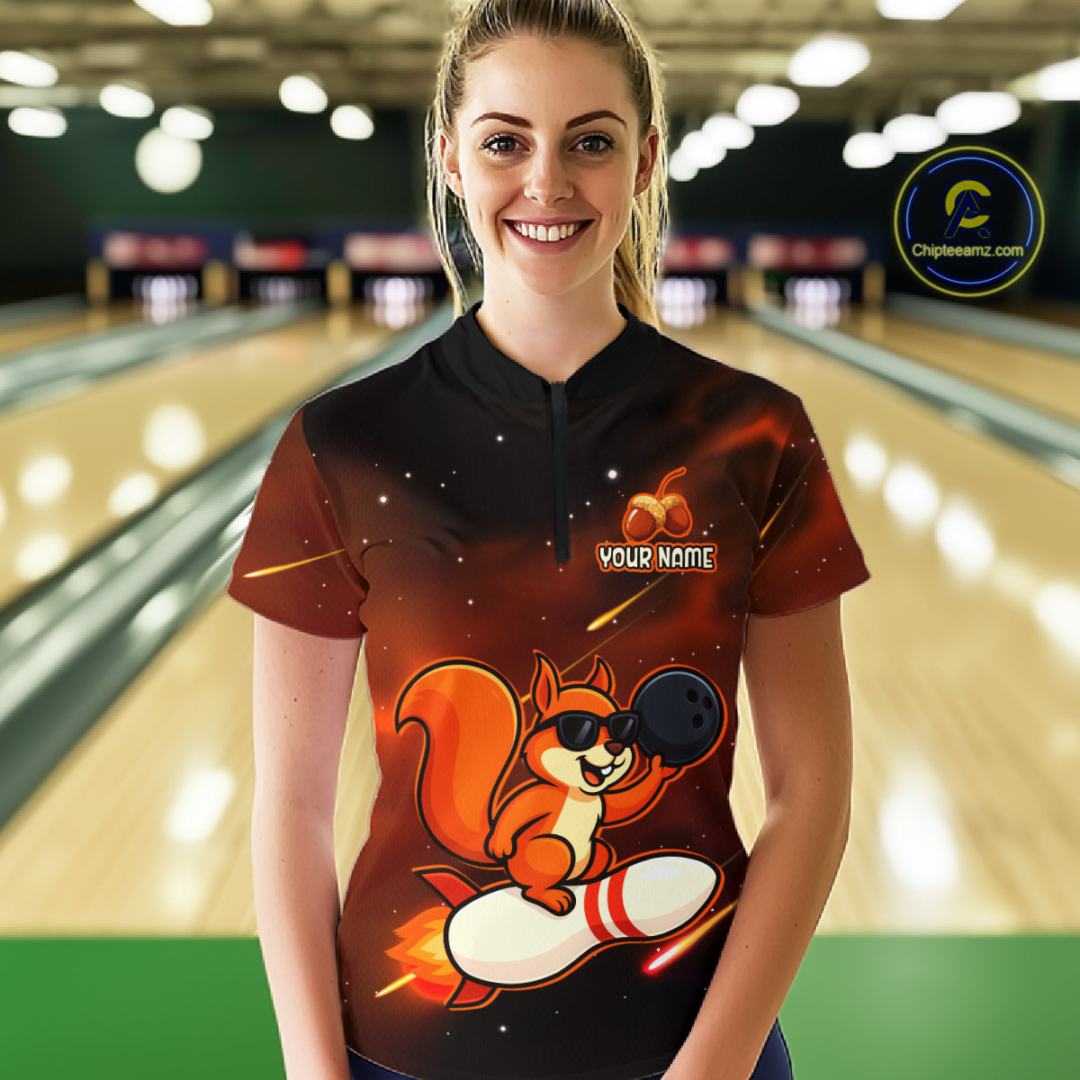 Orange & Black Funny Squirrel Bowling Shirt for Women Bowling League Jersey Polo & Quarter-Zip QZT879