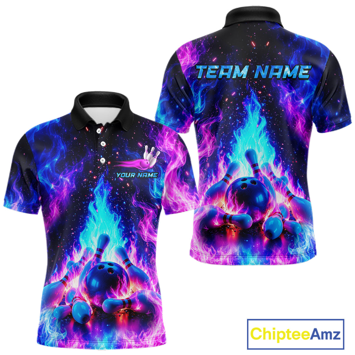 Colorful bowling shirt with flames and bowling ball design, customizable text, and Chiptee Amz branding.