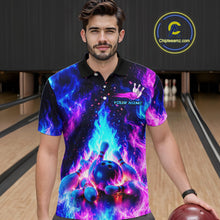 Load image into Gallery viewer, Man wearing a colorful bowling shirt with a bowling ball design in a bowling alley.