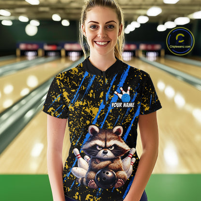 Custom Yellow & Blue Funny Raccoon Bowling Team Shirt for Women Bowling Jersey League Polo & 1/4-Zip QZT882