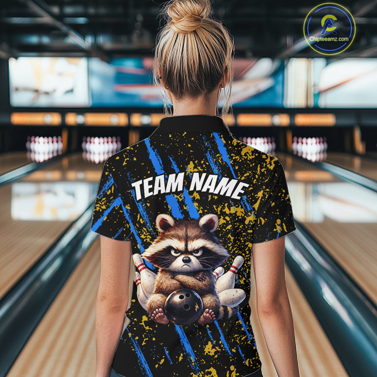 Custom Yellow & Blue Funny Raccoon Bowling Team Shirt for Women Bowling Jersey League Polo & 1/4-Zip QZT882