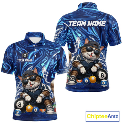 Blue marbled polo shirt with a cat design and 'Team Name' text on a white background.
