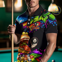Load image into Gallery viewer, Person wearing a colorful polo shirt with a pool ball design, holding a pool cue.