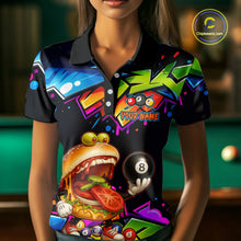 Load image into Gallery viewer, Person wearing a colorful shirt with a burger and pool ball design, standing in front of a pool table.