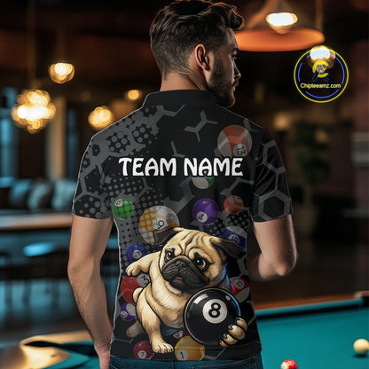 Person wearing a shirt with a pug holding a pool ball design in a bar setting.