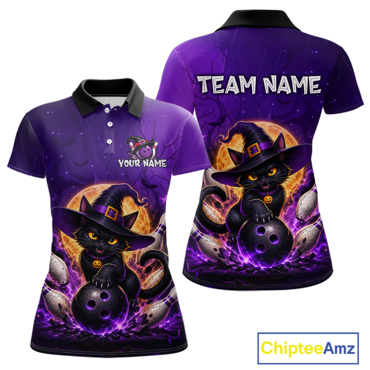 A purple short-sleeve polo shirt shown from the front and back, featuring a cartoon black cat in a witch hat with bowling balls, a full moon, and purple lightning effects. The front has placeholder text reading 'YOUR NAME' and 'TEAM NAME' on the back.
