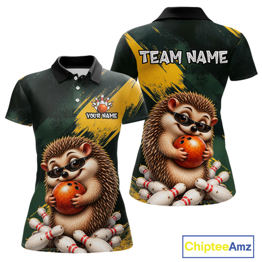 A custom short-sleeve polo shirt shown from both front and back views. The shirt features a dark green and yellow graphic background with a cartoon hedgehog wearing sunglasses and holding a bowling ball, surrounded by bowling pins.