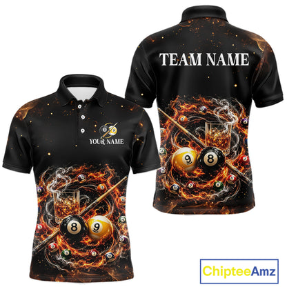 Black polo shirt with billiards design on front and back, featuring 'Team Name' and 'Your Name' text.