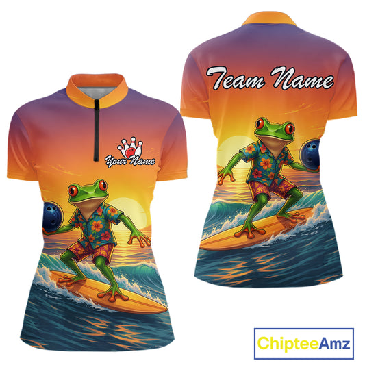 Front and back views of a short-sleeve polo shirt featuring a colorful graphic of a green frog surfing on an orange surfboard at sunset. The front has a black zipper at the collar, a white crown logo, and the text 'Your Name'.