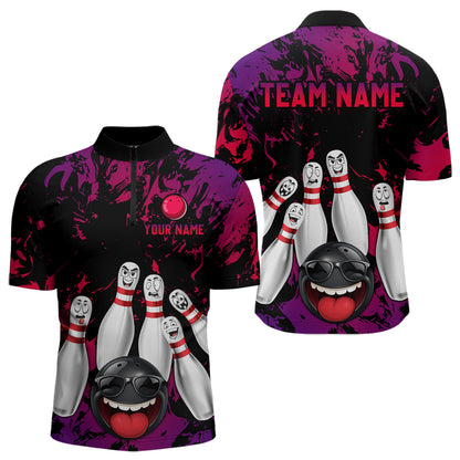 Red Purple Funny Bowling Team Shirt for Men Custom Bowling League Jersey Polo & 1/4 Zip Bowler Outfit QZT781