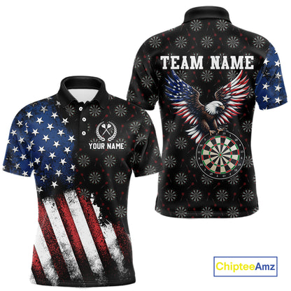 Front and back views of a custom black darts polo shirt, featuring a grunge American flag pattern, a majestic eagle over a dartboard, and personalized text.