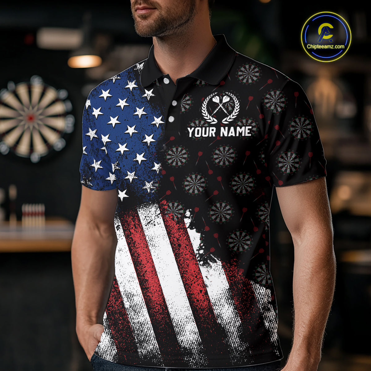 Male model wearing a personalized darts polo shirt highlighting a half-shirt grunge US flag print and a custom darts wreath logo on the chest