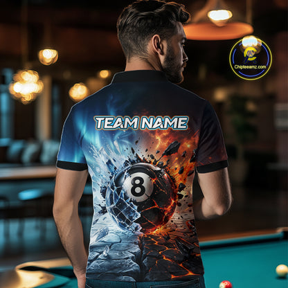 Man wearing a custom polo shirt with a pool ball design and 'Team Name' text in a bar setting.