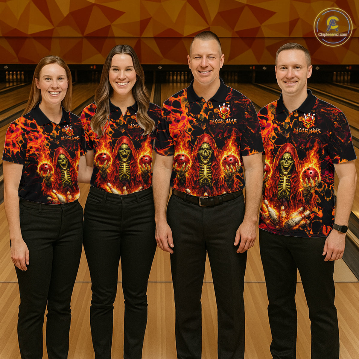 Custom Flame Skeleton Bowling Shirt for Men Bowling Jersey Polo & Quarter-Zip Bowling Outfit QZT1011