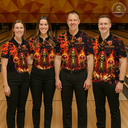 Custom Flame Skeleton Bowling Shirt for Men Bowling Jersey Polo & Quarter-Zip Bowling Outfit QZT1011
