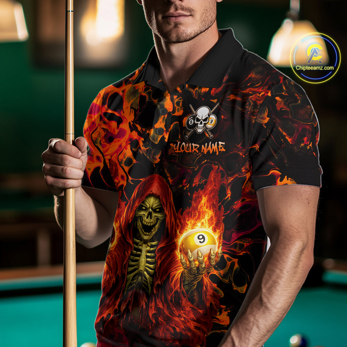 Person wearing a colorful polo shirt with a skull and number 9 design, holding a pool cue in a pool hall.